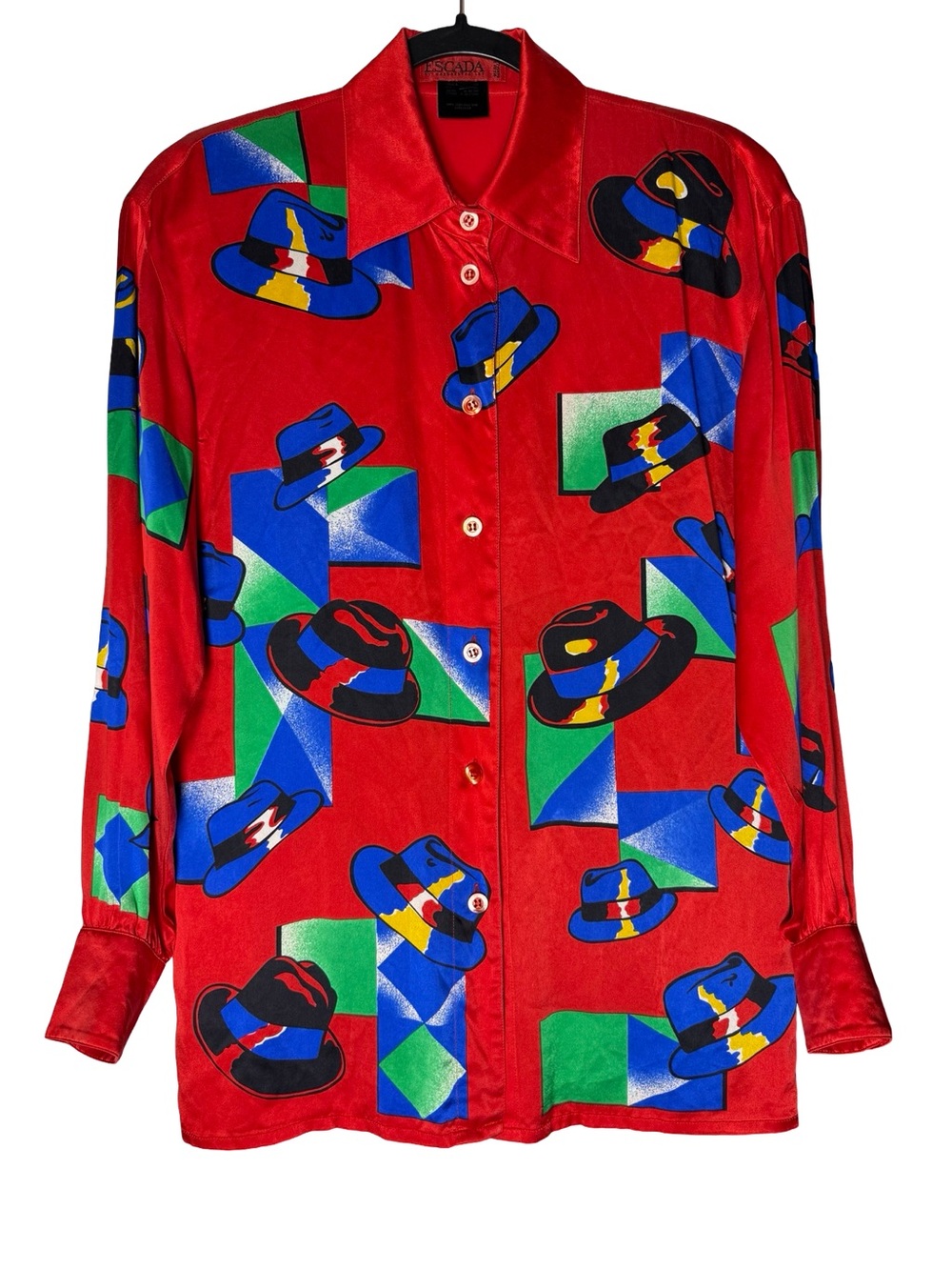 Escada Silk Blouse Small (36) Red Novelty Hat Print Art Deco Statement VTG 90s